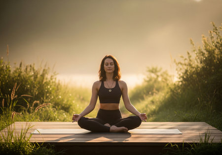 Serene Woman Meditating in Lotus Pose at Dawn by a Misty Lakeの素材