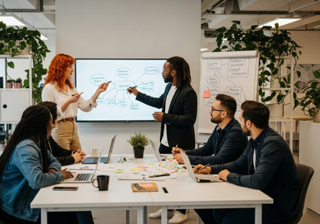 Diverse Business Team Brainstorming and Planning on Whiteboardの素材