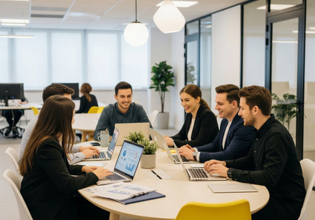 Young Professionals Working on Laptops in an Open-Plan Officeの素材