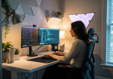 Female Programmer Working on Dual Monitors in Home Officeの素材