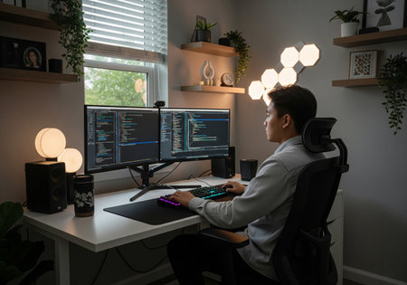 Male Programmer Coding on Dual Monitors in a Clean Home Officeの素材