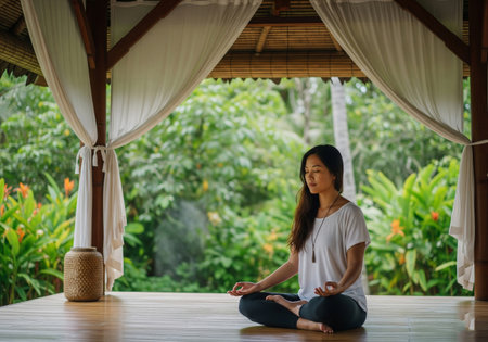 Young Woman Meditating in a Tranquil Outdoor Gazeboの素材