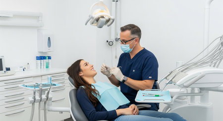 Dentist smiling and talking with a female patient in dental clinicの素材