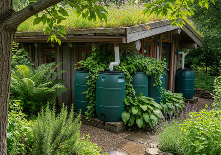 Garden in the summer with green barrels for water and vegetables.の素材
