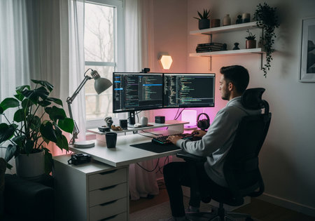 Male Programmer Working on Dual Monitors in Well-Lit Home Officeの素材