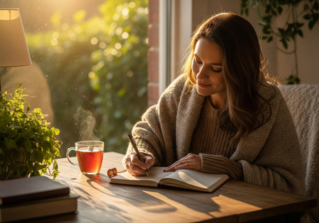 Woman Writing in a Journal by a Sunny Window with a Hot Drinkの素材