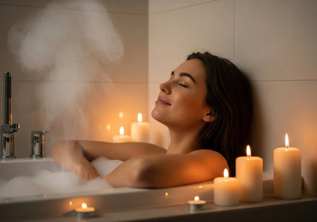 Woman Enjoying a Relaxing Bubble Bath with Lit Candlesの素材