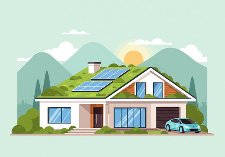 Modern house with solar panels on roof. Flat style vector illustration.の素材