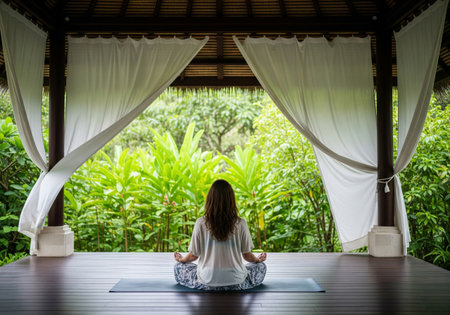 Woman practicing yoga on the terrace of a tropical villa.の素材