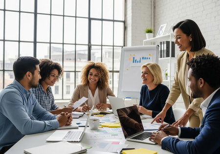 multiethnic businesswomen and businessmen working together at meeting in officeの素材