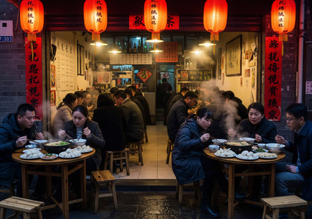 People enjoying a meal at a traditional Chinese restaurant with red lanterns, eating from steaming hot potsの素材