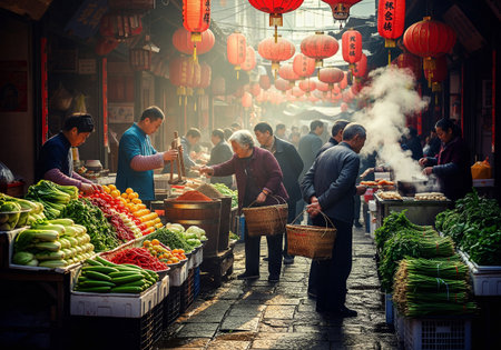 A bustling street market in Asia at night with red lanterns, food stalls and people buying fresh foodの素材