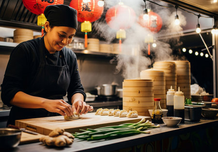A smiling female chef preparing fresh dumplings by hand in a lively food stall with red lanternsの素材