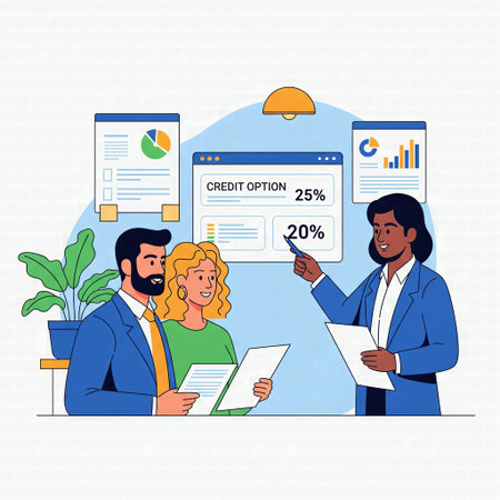 Financial consultant explaining credit options to a couple at a business meetingの素材