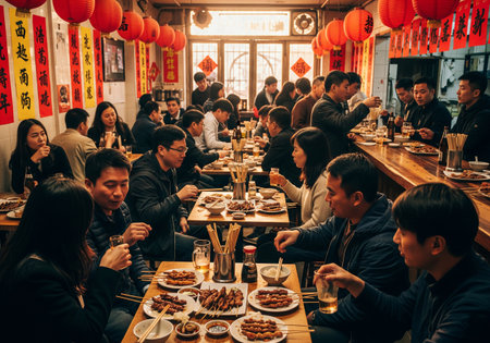 People dining and drinking in a lively traditional Chinese restaurant with red lanternsの素材