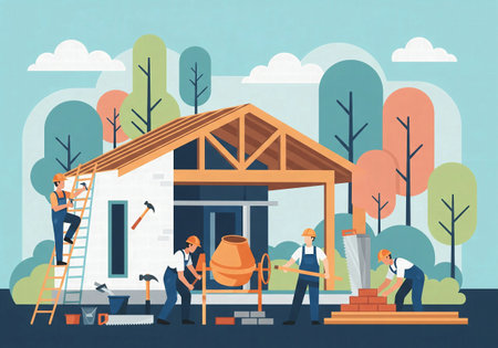 Construction workers building a house, doing various tasks with toolsの素材
