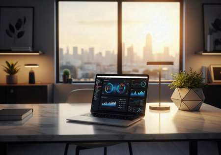 Laptop with data analysis dashboards on a desk with a blurred cityscape backgroundの素材