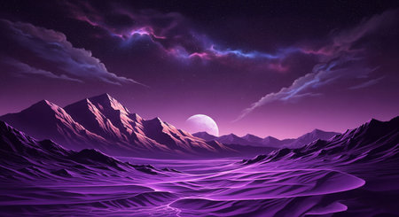 Futuristic purple landscape with a full moon, stars, mountains, and cosmic cloudsの素材