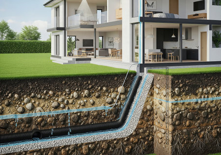 Cross-section diagram of a modern house foundation and drainage systemの素材