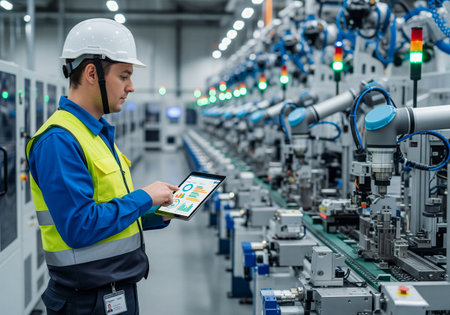 Male engineer with a tablet checking a robotic production line in a modern factoryの素材