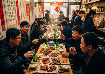 Group of men sharing a meal with drinks and various dishes in a traditional Chinese restaurantの素材