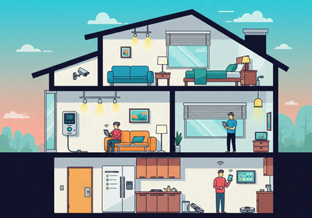 Cross-section of a modern smart home with people using connected devicesの素材