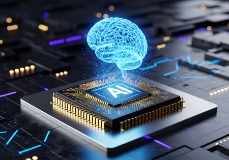 Artificial intelligence concept with a glowing brain hovering over a microchip, symbolizing machine learning and futuristic technologyの素材