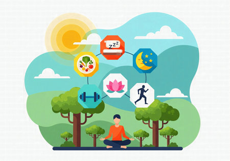 An illustration of a man meditating with icons of a healthy lifestyle, representing balance, wellness, diet, sleep, and exerciseの素材