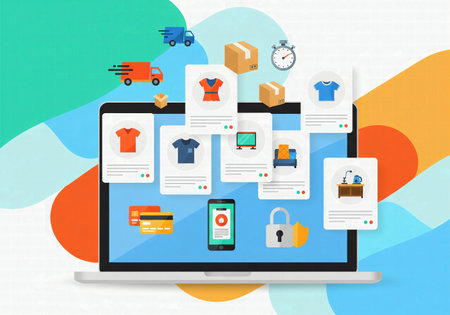 Online store interface on a laptop screen showing various products, e-commerce and digital shopping conceptの素材