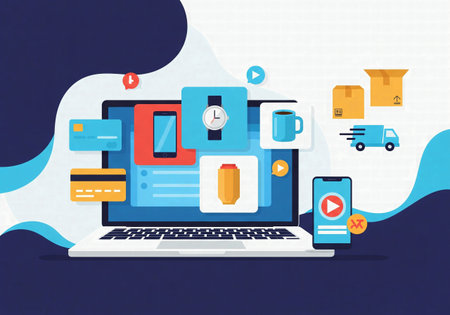 Online shopping on laptop and smartphone screen with multiple products, e-commerce and digital marketplace conceptの素材