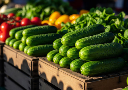 Close-up of fresh cucumbers piled at a farmer's market, with other vegetables in the backgroundの素材