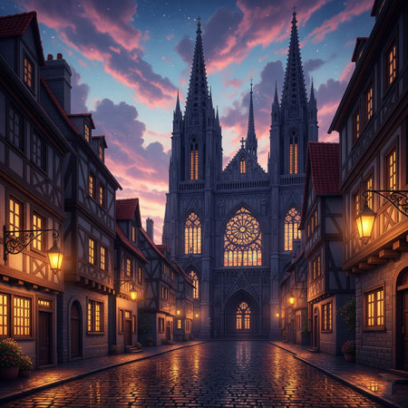A magical view of an old gothic cathedral at sunset, framed by traditional half-timbered houses on a cobblestone streetの素材