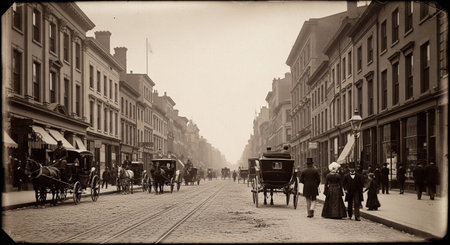 A historic black and white photo of a busy street with horse drawn carriages and pedestrians in vintage attireの素材