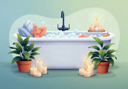 Relaxing woman taking a bath surrounded by candles and plants illustrationの素材