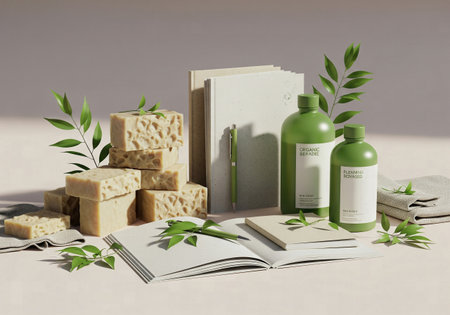 Various eco-friendly products for a sustainable lifestyle, including notebooks, soaps, and refillable bottles with leavesの素材