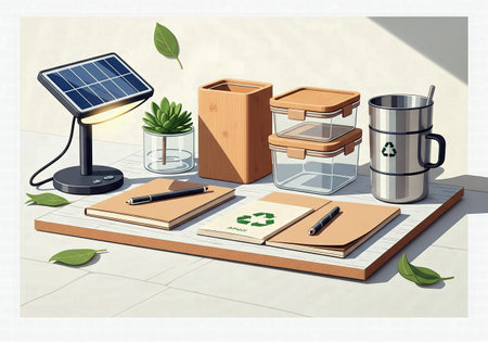 Office desk with eco-friendly items, including a solar-powered lamp, reusable containers, notebooks, and a mugの素材