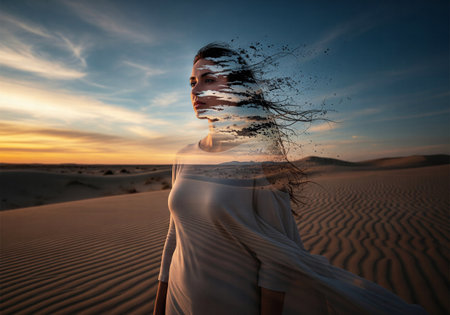 A beautiful woman in a sandy desert with a double exposure effect showing desert dunes and a dramatic sky on her face and bodyの素材