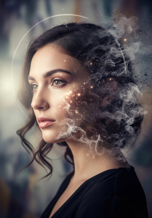 Portrait of a woman's face with a glowing smoke and light effect, conceptual and surrealの素材