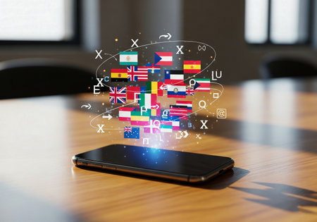 Smartphone on a desk with a holographic display of floating country flagsの素材