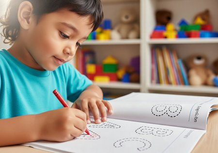A cute little boy with a red crayon tracing letters in a workbook at a small desk in a kindergarten or classroomの素材