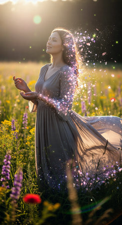 A beautiful woman in a long flowing dress stands in a field of flowers with magical particles flying around herの素材