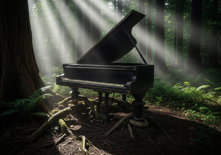 Old grand piano in the middle of a dark forest with sunbeams shining through the treesの素材