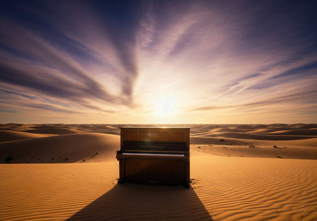 Vintage upright piano on sand dunes in the desert at sunset with dramatic cloudsの素材