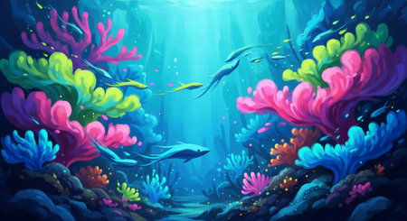 Vibrant and colorful underwater scene with coral reefs and swimming fishの素材