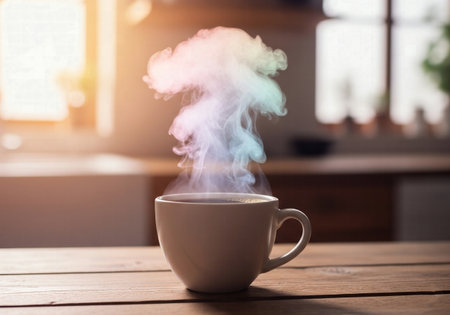 A colorful cloud of steam rising from a white coffee mug on a wooden table, symbolizing the concept of cloud computingの素材