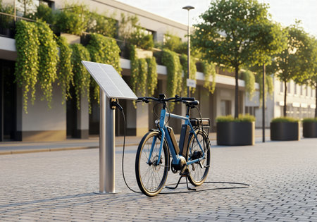 A modern electric bicycle being charged at a public solar-powered charging station on a city streetの素材