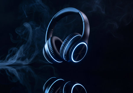 Levitating headphones with glowing neon lights and smoke on a dark backgroundの素材