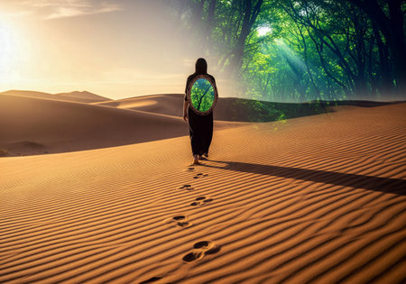 Person walking on sand dunes with a mirror on their back reflecting a lush forestの素材