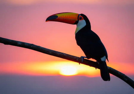 A vibrant Toco Toucan perched on a tree branch against a colorful, dramatic sunset skyの素材