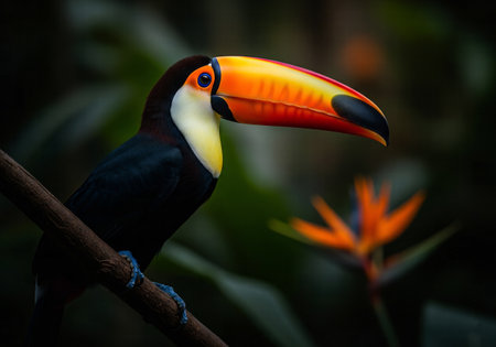 Close-up of a toucan with a colorful beak perched on a branch in a jungleの素材